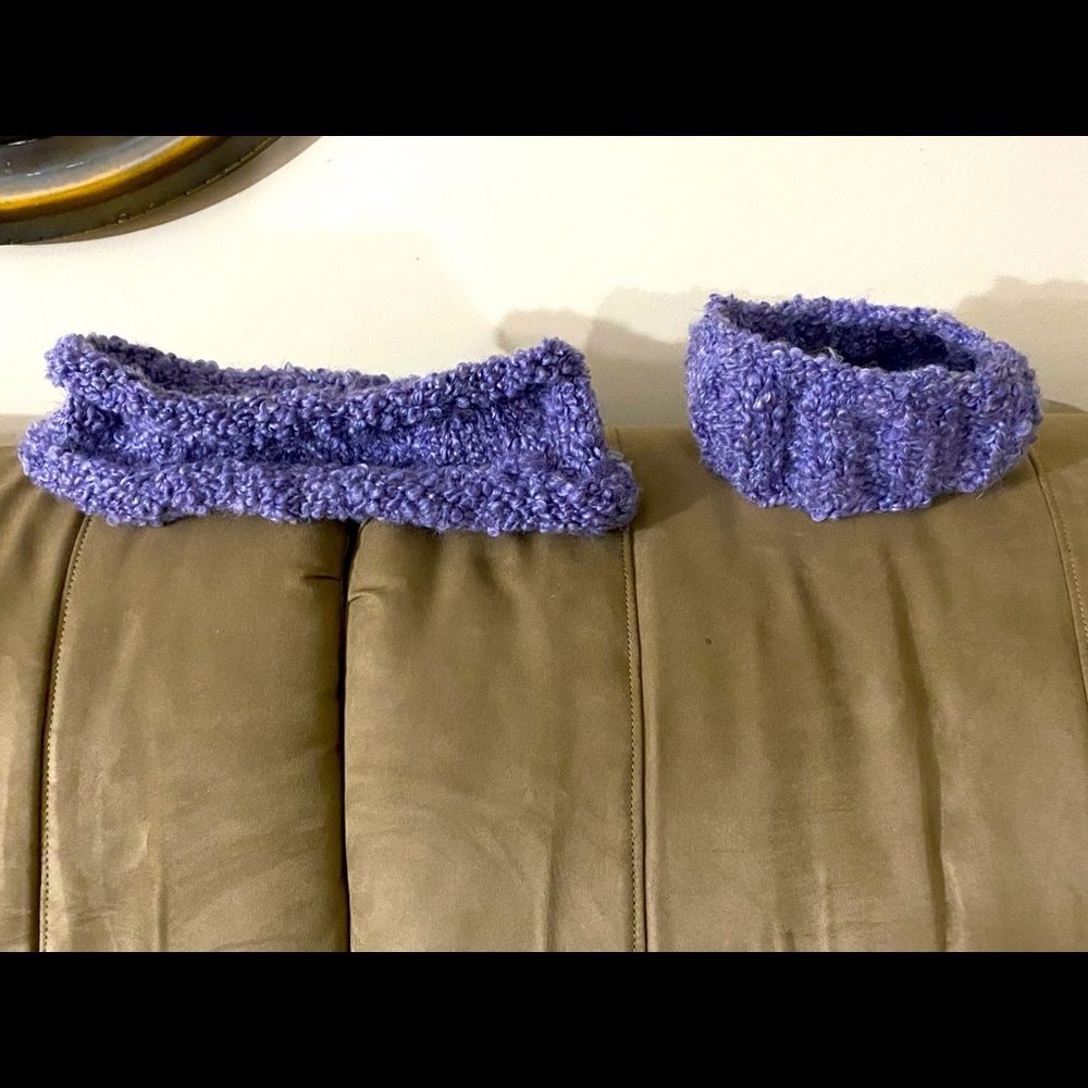 Hand knitted purple cowl and ear warmers set